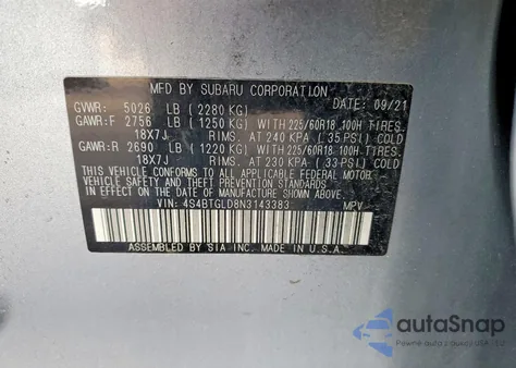 2022 Subaru Outback Onyx Edition Xt z USA, uszkodzony, nr VIN 4S4BTGLD8N3143383